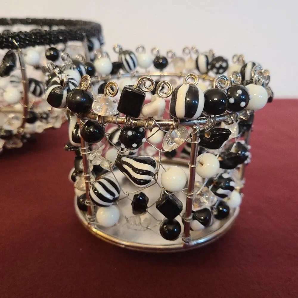 Black and White Metal Wire and Glass Beaded Bowls Baskets Made In India